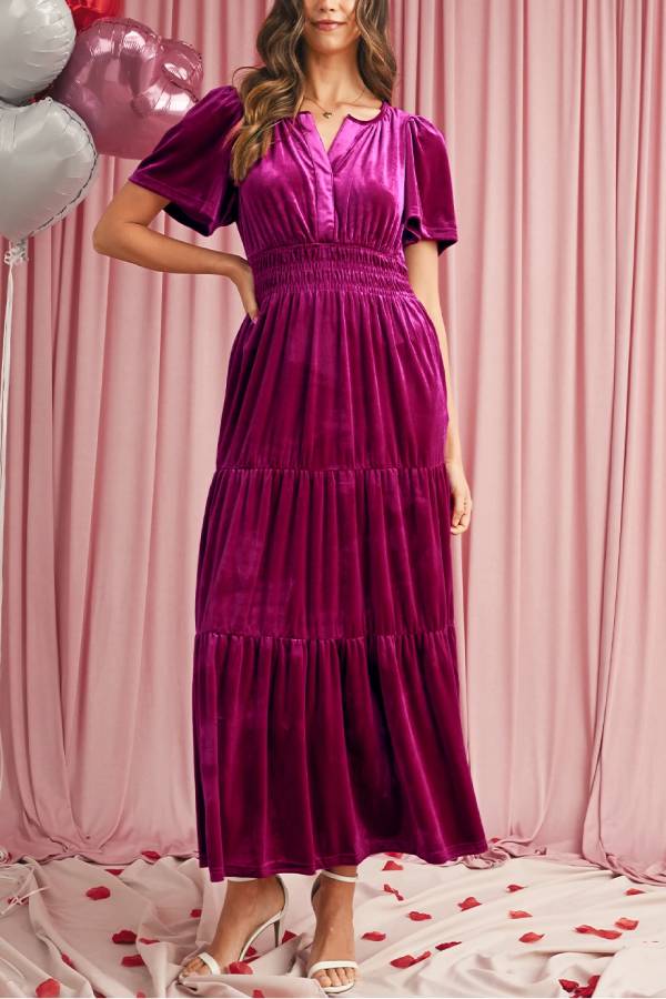 Red Dahlia Velvet Short Sleeve Shirred Waist Tiered Maxi Dress