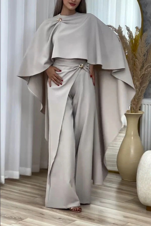 Elegant Two-Piece Cape Top and Wide-Leg Pants Set with Gold Brooch Accents