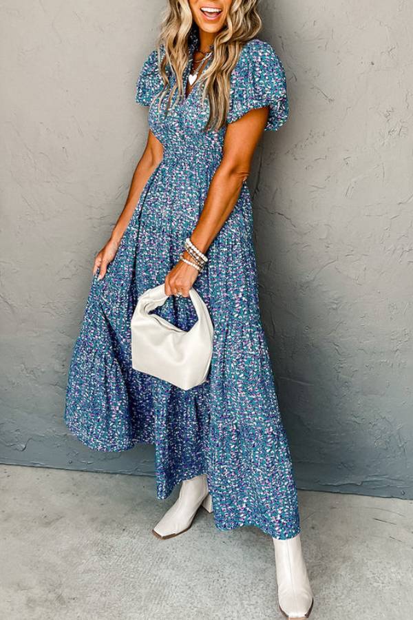 Blue Abstract Print Split V Neck Shirred High Waist Maxi Dress
