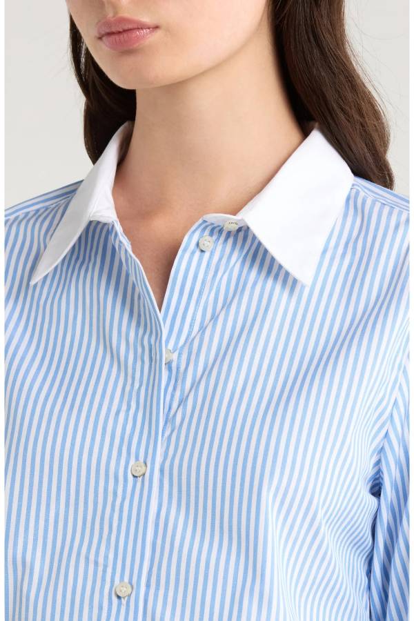 Blue White Striped Contrast Collar Long Sleeve Shirt