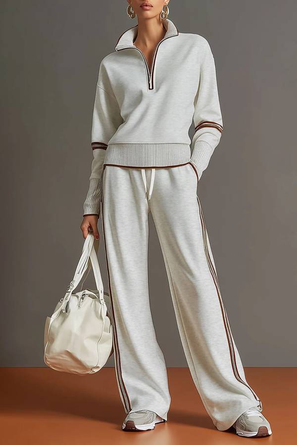 Retro Sporty Webbing Grey-white Half-zip Sweatshirt And Wide-leg Pants Set
