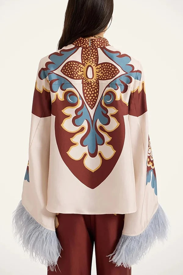 Bohemian Dreams Unique Print High Neck Feather Trim Bell Sleeve Top
