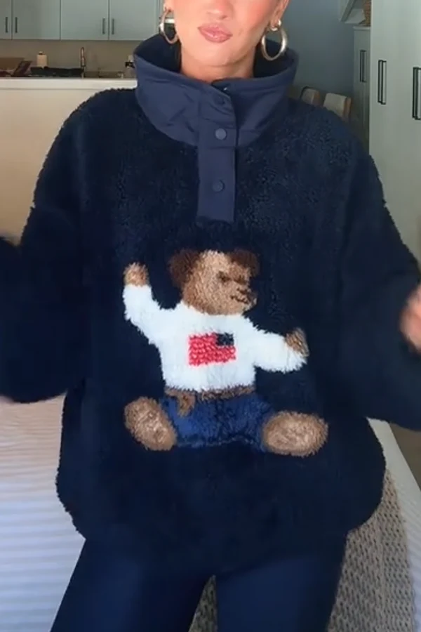 American Retro Polo Bear Pattern Stand Button Neck Long Sleeve Fleece Pullover