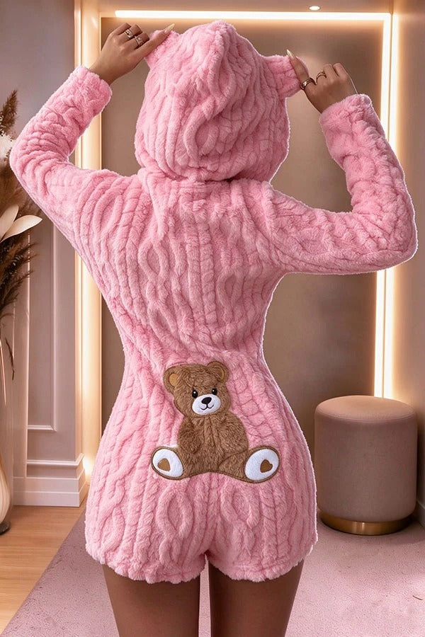 Relaxed and Cozy Teddy Bear Long Sleeve Zipper Hooded Lounge Romper