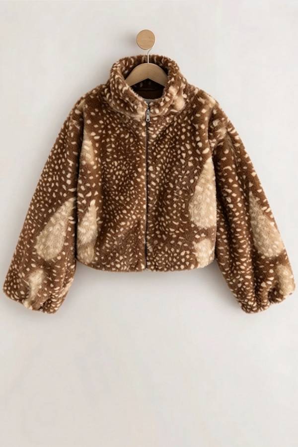 Bambi Print Faux Fur Funnel Neck Zip Long Sleeve Drawstring Hem Jacket