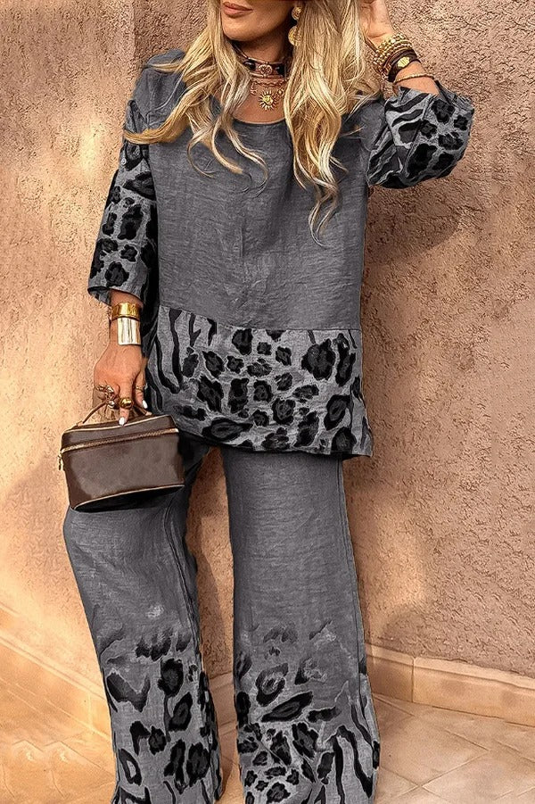 Leopard Print Crew Neck Loose Top and Elastic Waist Casual Wide-leg Pants Set