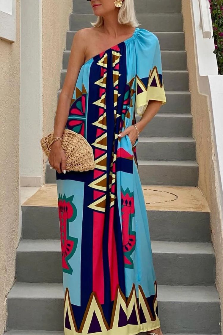Color Boost Unique Print One Shoulder Bell Sleeve Pocketed Maxi Dress