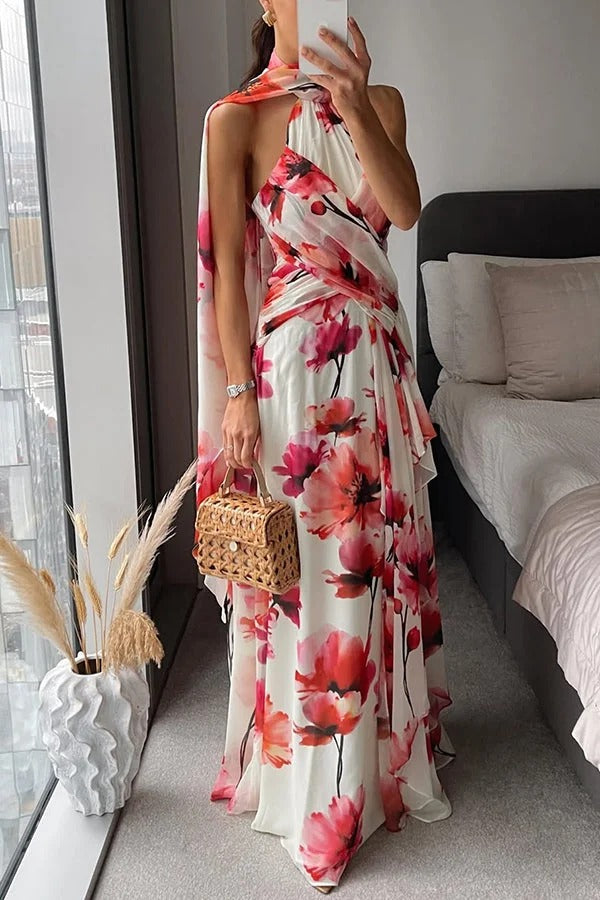 Blooming Petals Chiffon Floral Print Crinkle Cross Front Drape Ruffles Scarf Maxi Dress