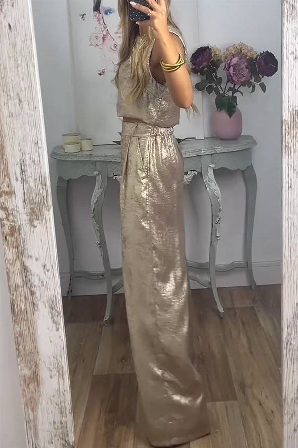 Rita Metallic Fabric Back Buttons Crop Tank and Elastic Waist Pocketed Wide Leg Pants Set