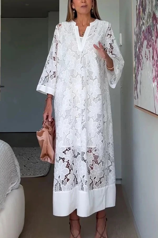 Confidence and Adventure Flower Lace V-neck Bell Sleeve Loose Midi Dress