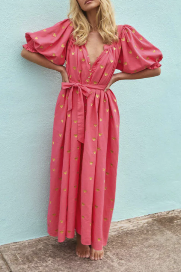 Summer Loose Printed Cardigan Short-sleeved Long Dress