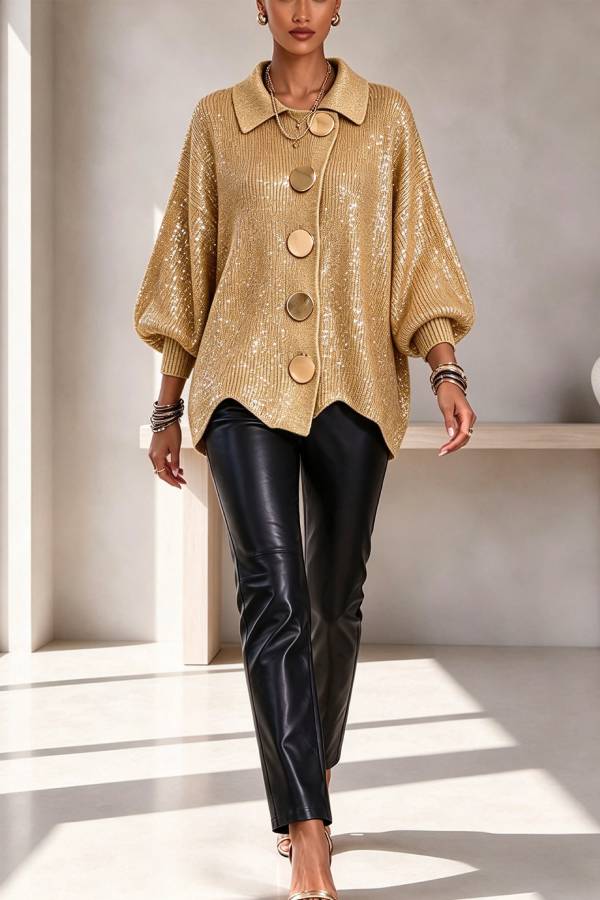 Metallic Sequin Button Up Long Balloon Sleeve Wavy Hem Loose Cardigan