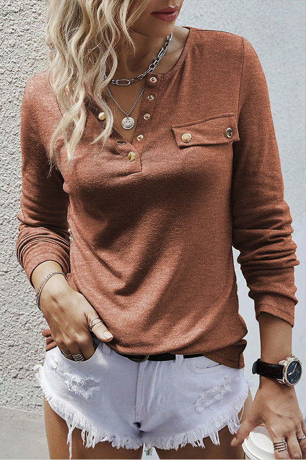 Ribbed Snap Button Henley Long Sleeve Top