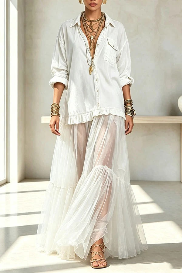 Retro-style Faux Denim Long Sleeve Pocket Tulle Hem Shirt Maxi Dress