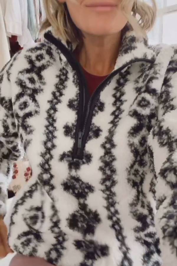 Geometric print half-zip turtleneck plush coat