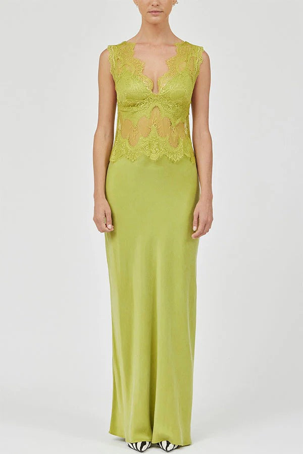 Effortless Elegance Satin Sheer Lace Patchwork V-neck Drape Maxi Dress