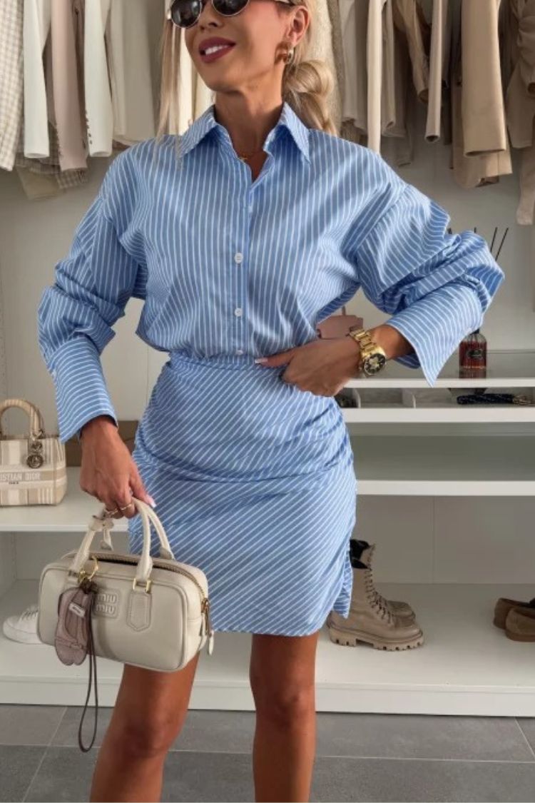 Cruising Weekend Striped Button Up Ruched Shirt Mini Dress