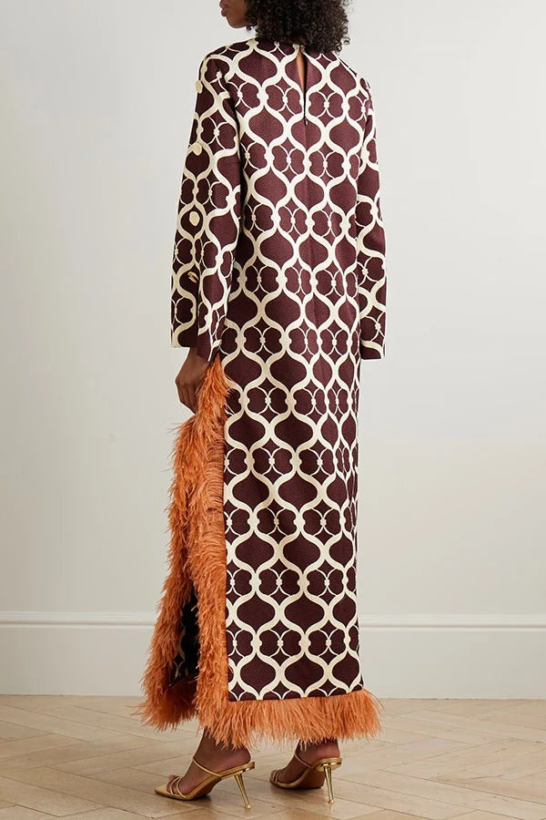 Luxe Hush Satin Palace Style Print Long Sleeve Side Slit Feather Trim Maxi Dress