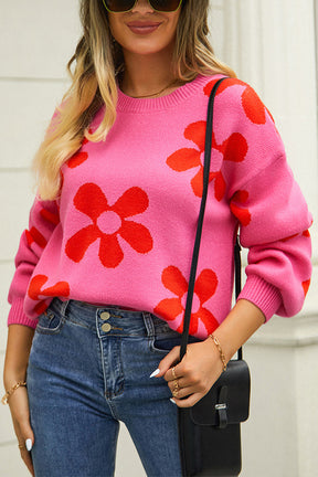 Floral Print Color Block Pullover Long Sleeve Sweater