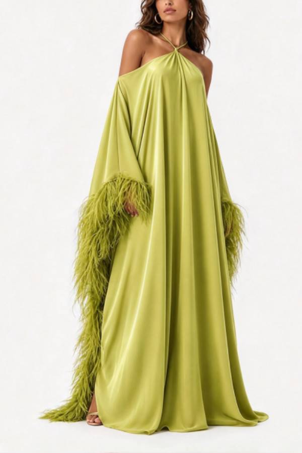 Halter Off-shoulder Feather Chiffon Gown