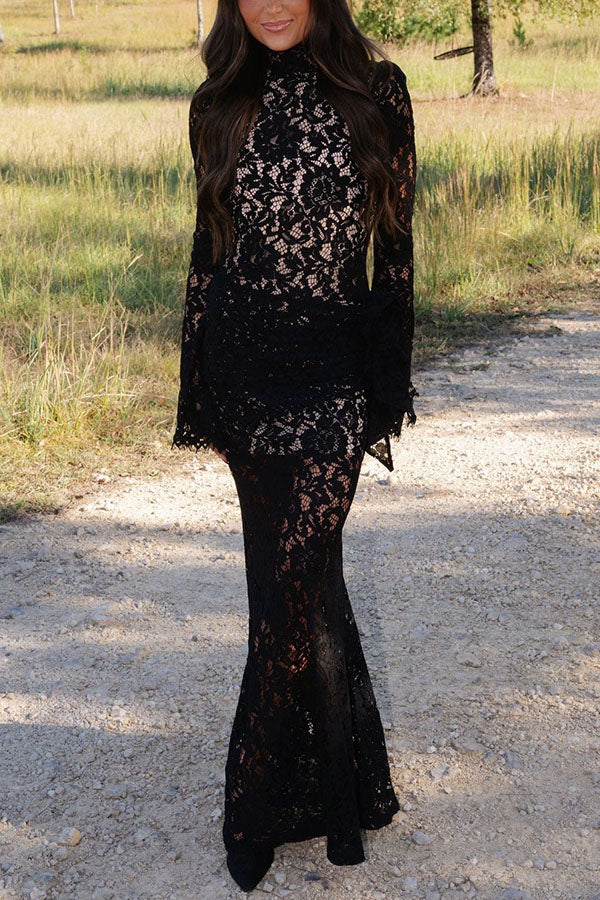 Raleigh Sheer Floral Lace Mock Neck Long Sleeve Gathered Detail Maxi Dress