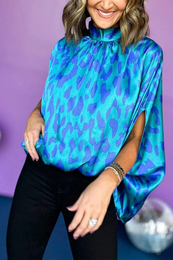 Blue Leopard Print Loose Batwing Sleeve Mock Neck Blouse