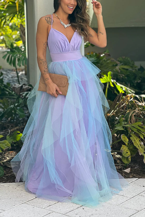LAVENDER AND BLUE RUFFLED MESH MAXI DRESS