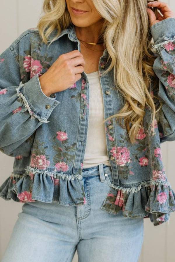 Vintage Floral Print Fringe Ruffle Denim Jacket