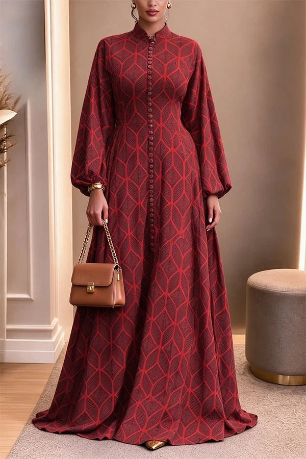 Elegant Unique Print Button Front Details Long Balloon Sleeve Maxi Dress