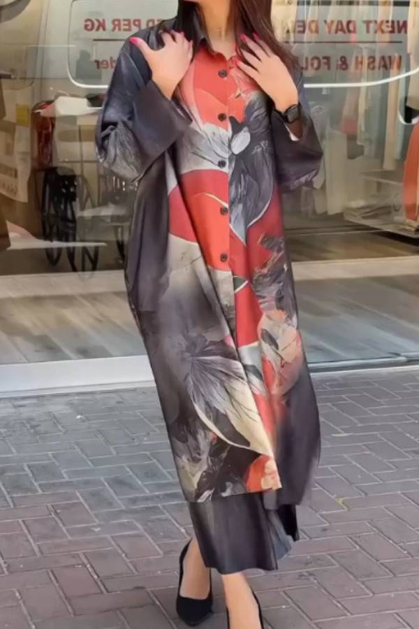 Satin Printed Long Shirt & Wide Leg Pants 2 Piece Southeast Asian Co-ord Set