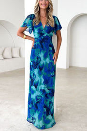Abstract Print Short Sleeve Belted Wrap Midi Dress