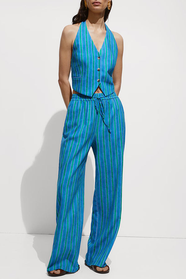 Linen Blend Striped Button Halter Backless Vest and Elastic Waist Pocket Pants Set