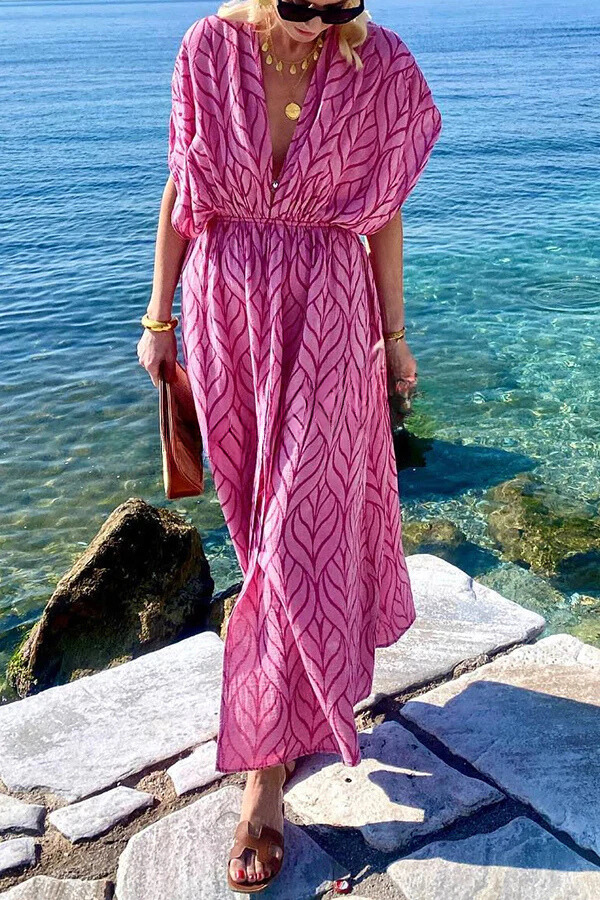 Printed Drawstring Design Kimono Beach Maxi Dress