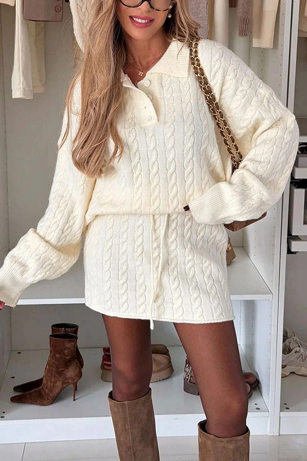 Tanya Cable Knit Button Lapel Loose Sweater and Elastic Waist Mini Skirt Set