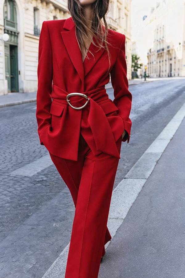 Elena Deep-V Gold-Buckle Cinched-Waist Blazer