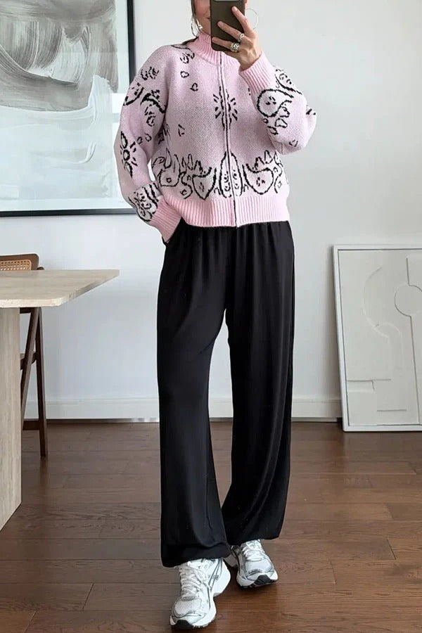 Bandana Knit Printed High Neck Long Sleeve Zipper Relaxed Cardigan