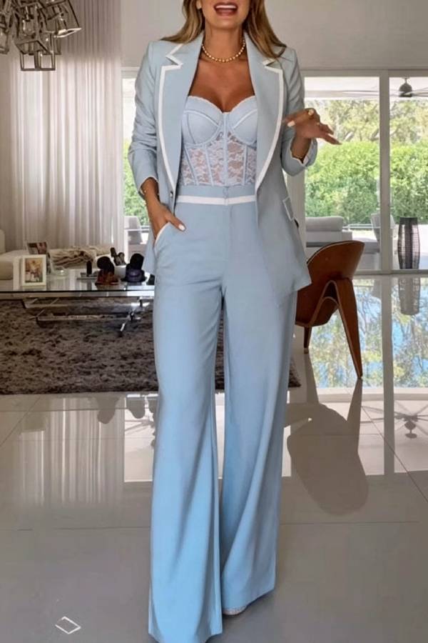 Timeless Essence Color Block Trim Elastic Waist Pocket Wide Leg Pants
