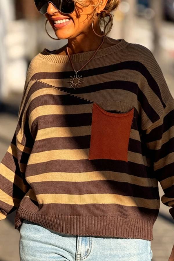 Xander Knit Color-block Stripes Wide Neck Long Sleeve Pocket Relaxed Sweater