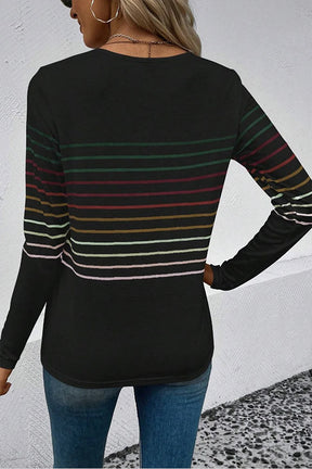 Black Striped Round Neck Long Sleeve Top