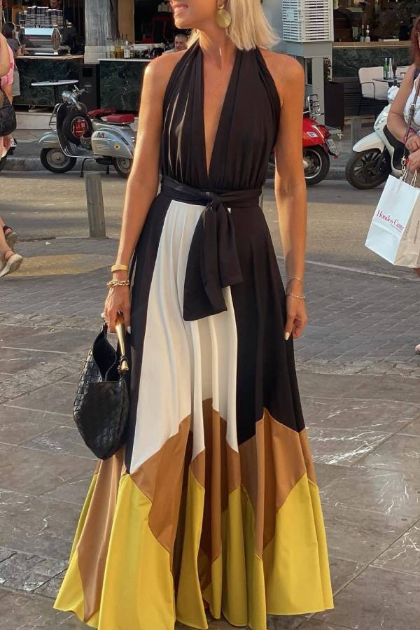 Colorblock Lace-up Backless Sexy Long Swing Dress