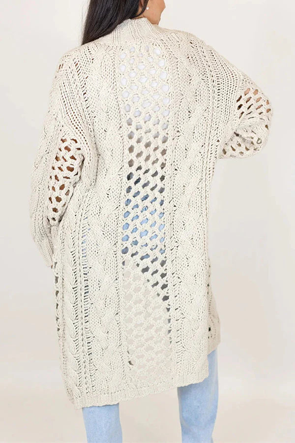 Knit Cable Cotout Long Sleeve Pocket Oversized Midi Cardigan