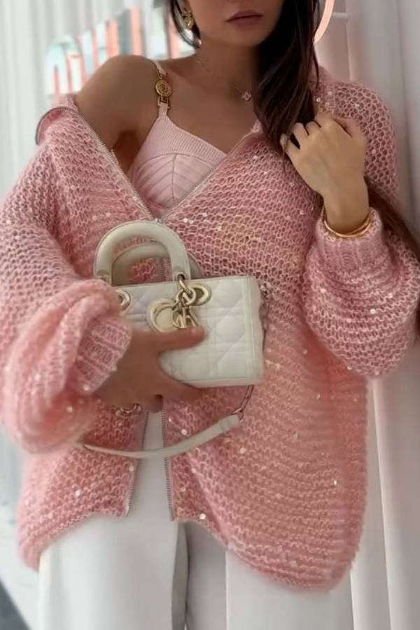 Peach Pink Open Knit Sequin Zip Cardigan Oversized Balloon Sleeve Sweater