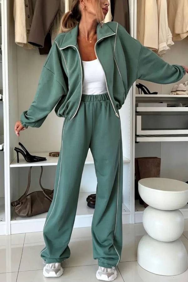 Contrast Stitch Zip Up Stand Collar Jacket & Jogger Pants 2 Piece Tracksuit