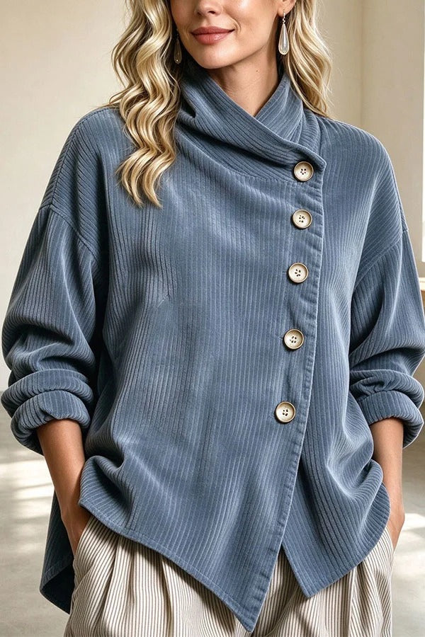 Chic Slanted Button High-Neck Corduroy Outerwear