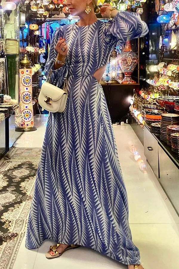 Geometric Print Cut Out Elastic Waist Backless Maxi Dress
