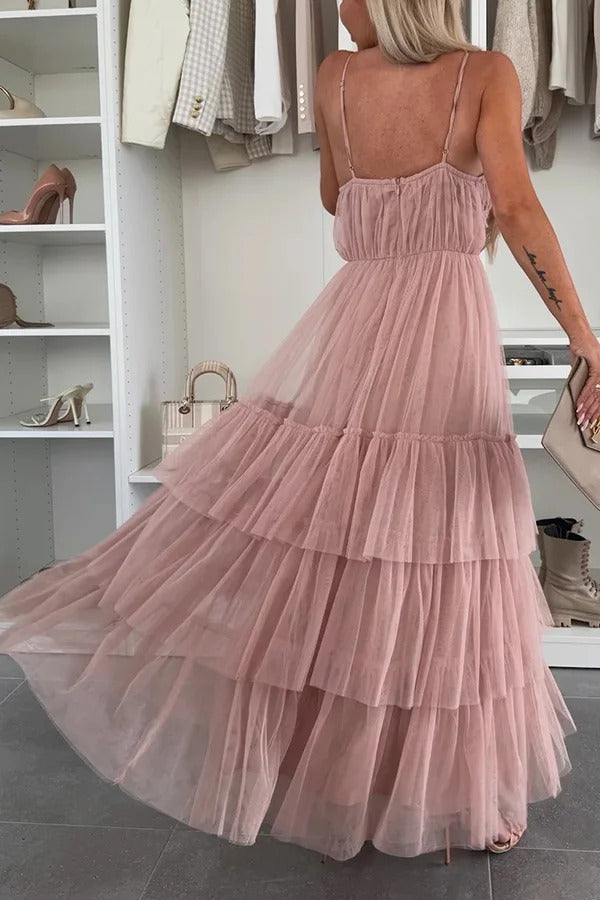 Romantic Movie Tulle Ruched Tiered Hem Slip Maxi Dress