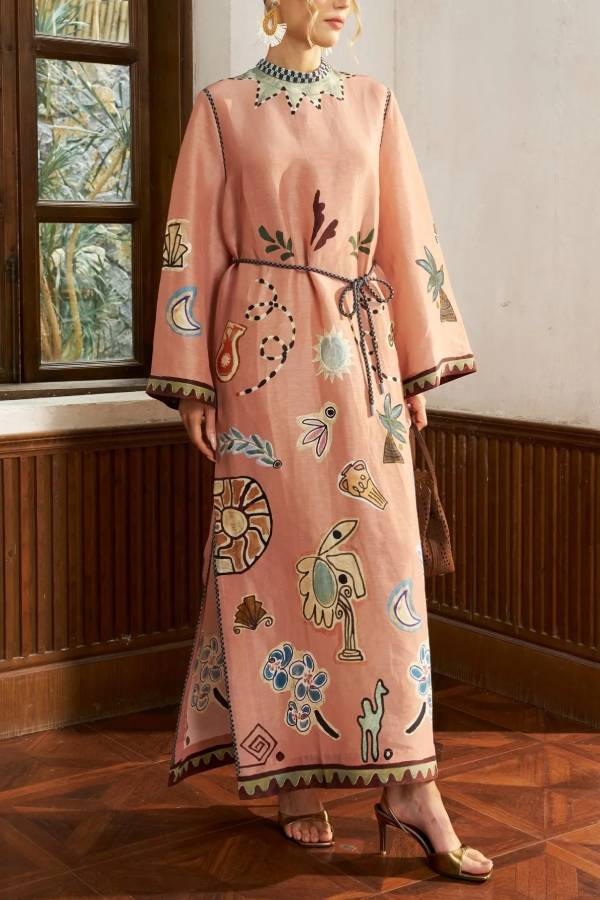 Graffiti Print Linen Robe Dress