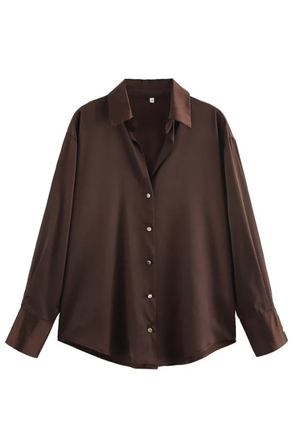 Solid Color Silk Satin Texture Single-breasted Long-sleeved Loose Shirt
