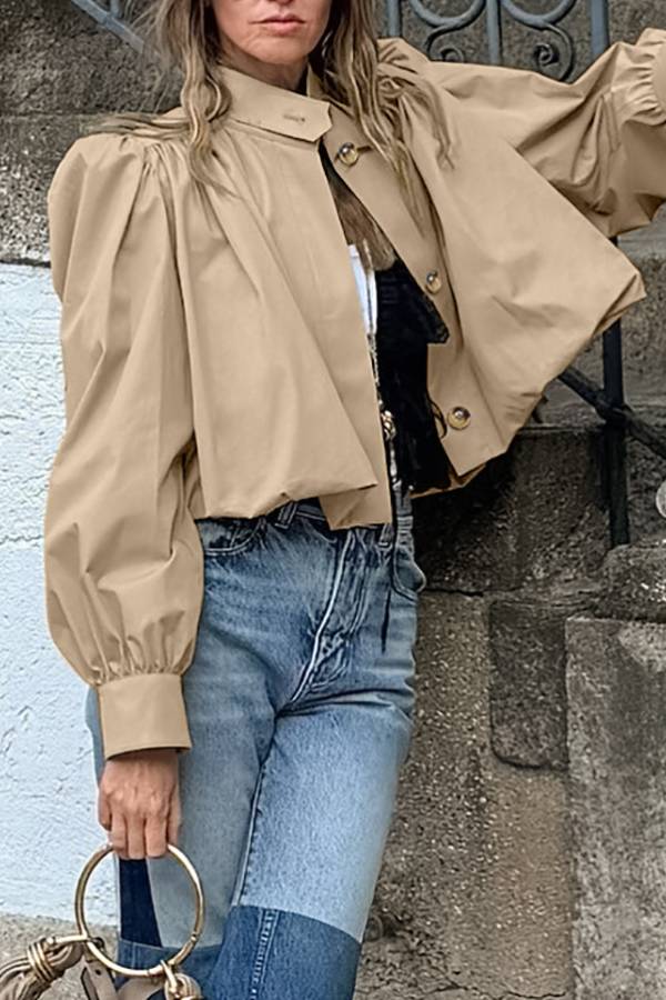 Women's Stand Collar Puff Sleeve Cropped Trench Jacket