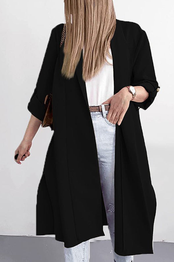 Solid Lapel 3/4 Sleeve Slit Cardigan